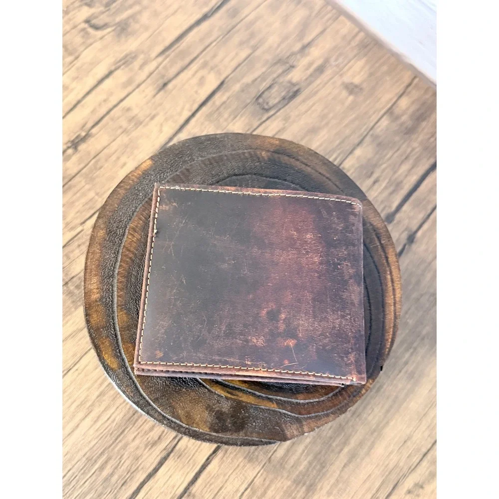 American Bison Mens Brown Distressed Genuine Leather Bifold Wallet with Wood Box
